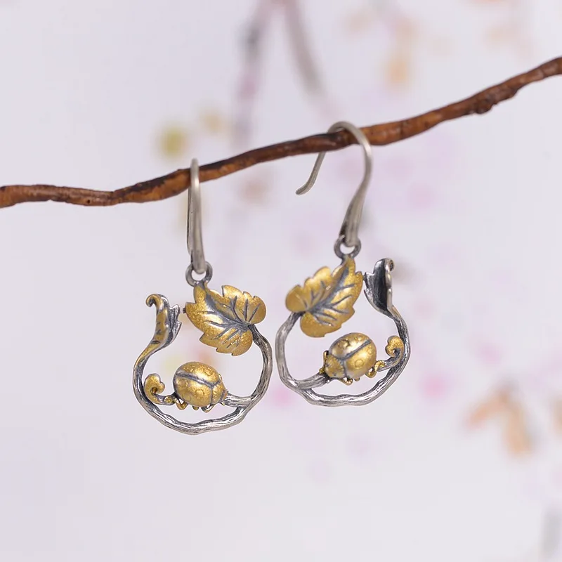 

S925 silver restoring ancient ways female fashion temperament and fresh ladybug Jin Shuye eardrop Thai silver earrings