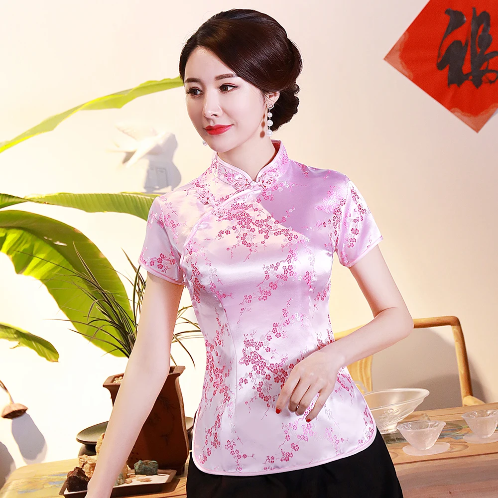 Camisa tradicional de estilo Oriental para mujer, blusa china de rayón de flores, talla grande 3XL, 4XL, Tops elegantes rosas, ropa Tang, novedad de