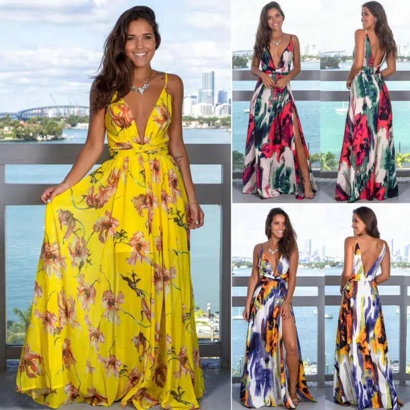 Robe longue à fleurs Style Boho pour femmes, col en V, taille haute, fente latérale, vacances, été, 2019