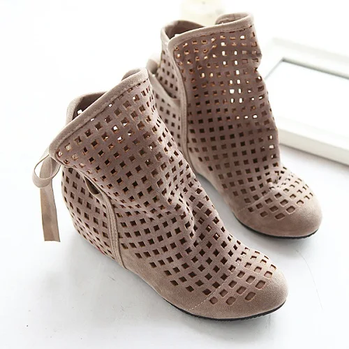 Women\'s Boots Summer Cute Flock Flat Low Hidden Wedges Solid Cut-outs Boots Ladies Dress Casual Shoes 3 colors size 34-43