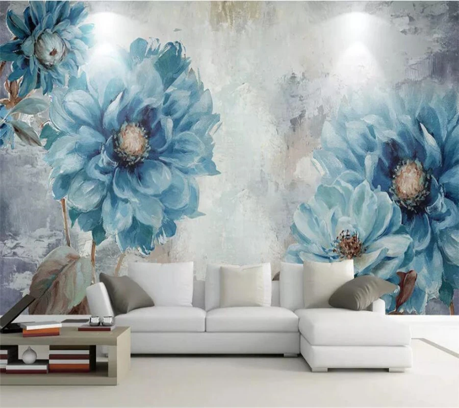 Custom wallpaper 3d murals Nordic style European-style hand-painted oil painting blue flowers living room papier peint wallpaper