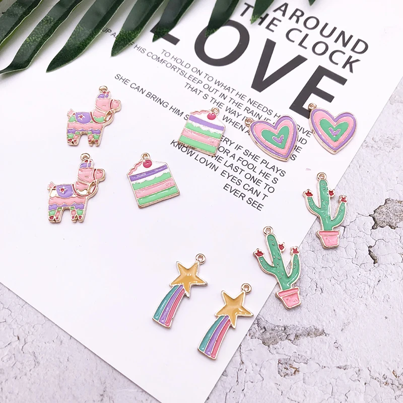 10 pcs/lot Cartoon Llamas Cake Love Heart Cactus Enamel Charm Gold Metal Pendant Oil Drop Charm Earring Jewelry Making DIY YZ274