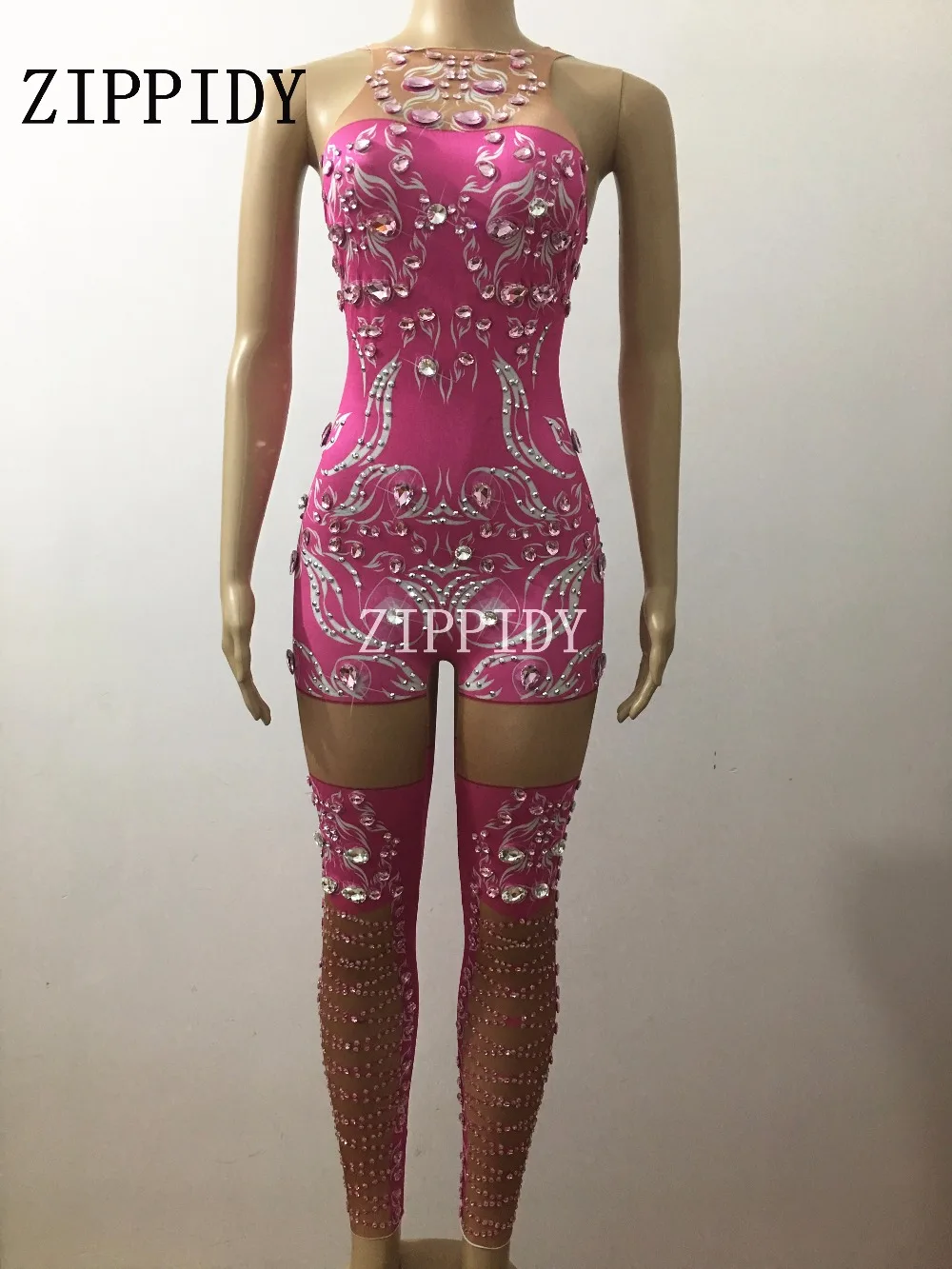 Strass luccicanti Rosa senza maniche Della Tuta Femminile Cantante Di Compleanno Celebrare Outfit Costume di Bling di Disegno di Usura di Prestazione di Ballo