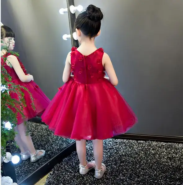 Red 3D Flower Princess Girl Dress Baptism Rose Party Wedding Birthday Gown kids tutu dress for girls dresses clothes Summer