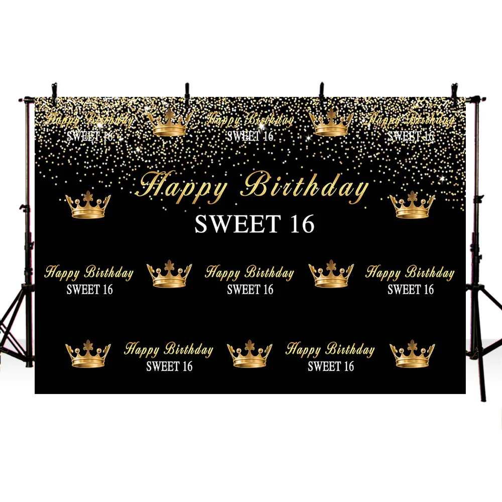 

Crown Royal Sweet 16 Photo Background Happy Birthday Party Banner Black Gold Backdrops for Photography Party Decor 365