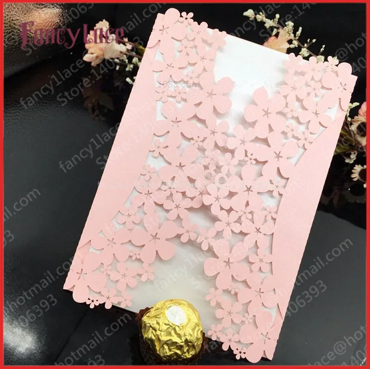 

Free Shipping 50pcs/pack Romantic Pearl light Pink Wedding Party Decorations Name Place Invitation Card Delicate Carved Flowers