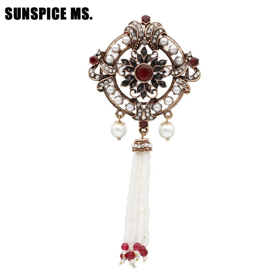 Retro festival presente turco feminino oco flor grânulo borlas broche vintage jóias antigo cor de ouro resina casamento corsage pino