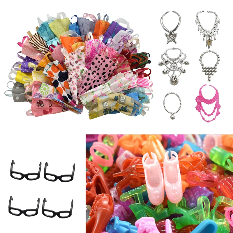 

30 Item/Set Doll Accessories=10 Pcs Doll Clothes Dress+4 Glasses+6 Plastic Necklace+10 Pairs Doll Shoes for Barbie Accessories