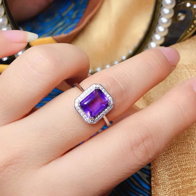 CoLife Jewelry Silver Amethyst Ring for Office Woman Natural Emerald Cut Amethyst Silver Ring Sterling Silver Amethyst Jewelry