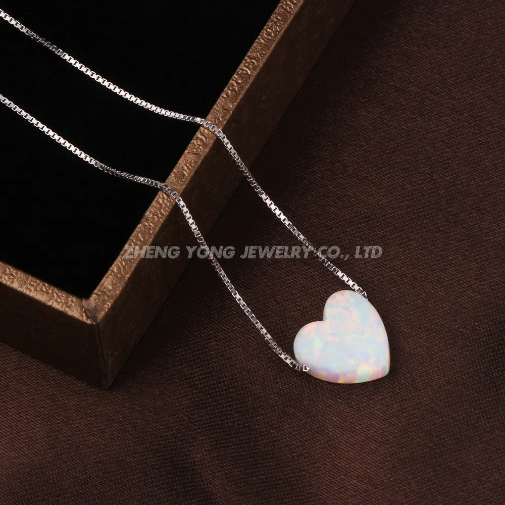 White Heart Pendant Necklace 925 Silver Box Chain White Opal Heart Necklace