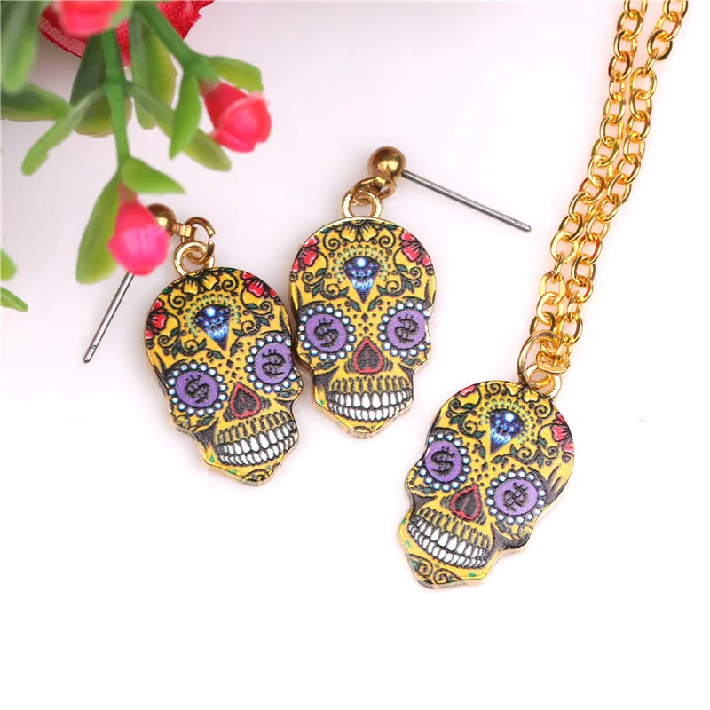 Yidensy Punk Sugar Skull Head Stud Earrings Necklace Jewelry Sets for Women Men Long Chian Funk Party Statement Jewelry Gifts