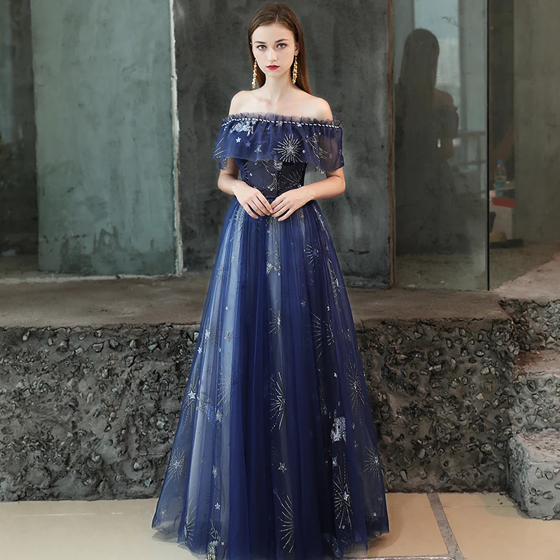 FADISTEE New arrival evening prom party dresses Vestido de Festa gown Robe De Soiree lace pattern little star navy blue long