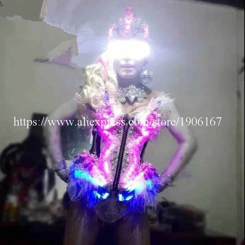 Newest Led Luminous Ballroom Women Costume Sexy Lady Dancing Nightclub Party Stage Dress Clothing With Headwear