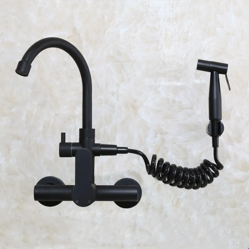 Wall mounted Matte Black stainless steel kitchen faucet with bidet spray shower head ,Rotatable,Cold and hot water faucet