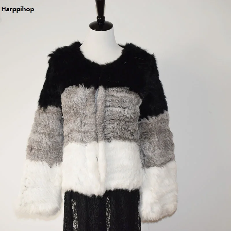 harppihop 100% Natural Real Knit Rabbit Fur Cardigan Coat Jacket Thick Irregular Collar Garment Rabbit Fur Knitted Outerwear