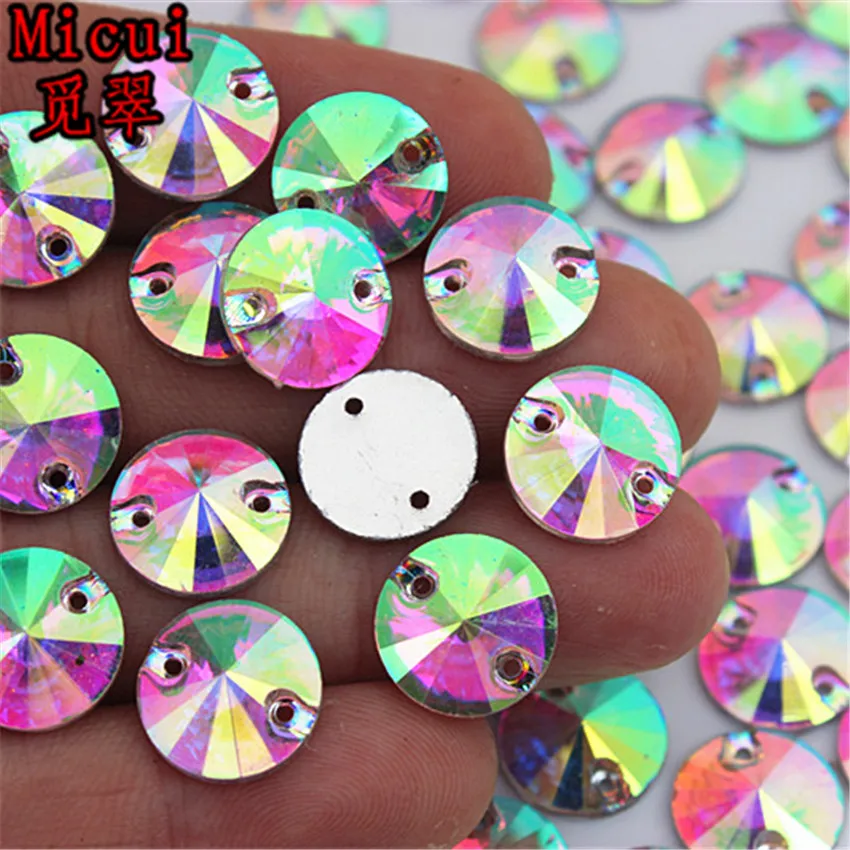 Micui 200-50pcs 8 10 12 14mm Round Sew On Crystal AB Resin Flatback Rhinestone Crystal Stones With 2 Holes for DIY Crafts MC300