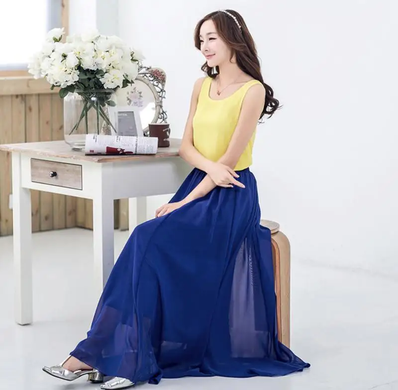 Women\'s Elegant High Waist Chiffon Skirt Elastic Waist Casual Long Maxi Skirts Saias 80/90/100cm 22 Color 2024 Summer Autumn New