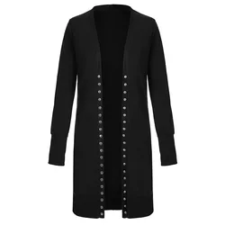 New Fashion Spring Autumn Long Sleeve Pocket Knitted Cardigan Woman Solid Female Long Cardigans XZ361