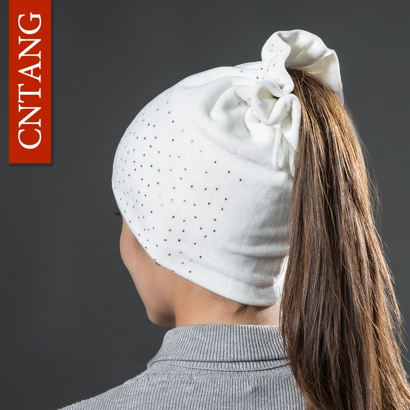 CNTANG Women Rhinestones Velvet Hats Winter Warm Fashion Tied hair Ponytail Hat For Female Autumn Flannel Caps Skullies Beanies