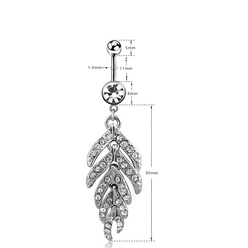 Full Rhinestone Leaf Belly botton ring Navel Piercing 14G Dangly Belly Button Ring Surgical Stainless Steel Fashion Accessories