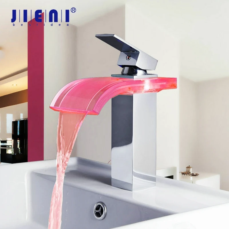 JIENI Solid Brass Unique Chrome LED Waterfall Glass Bathroom Sink Basin Single Handle Mixer Tap Faucet