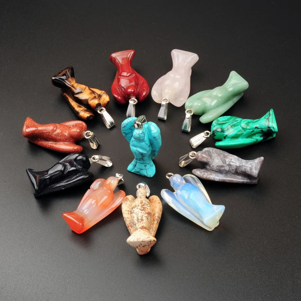 

12pcs/lot Natural Chakra Healing Stones Roses Quartz Carved Pocket Crystal Guardian Angel Figurines Ornament Pendants Charm Free