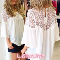 Laipelar camisas femininas verão estilo blusas chiffon retalhos renda sólida camisa casual solto blusas brancas topos plus size