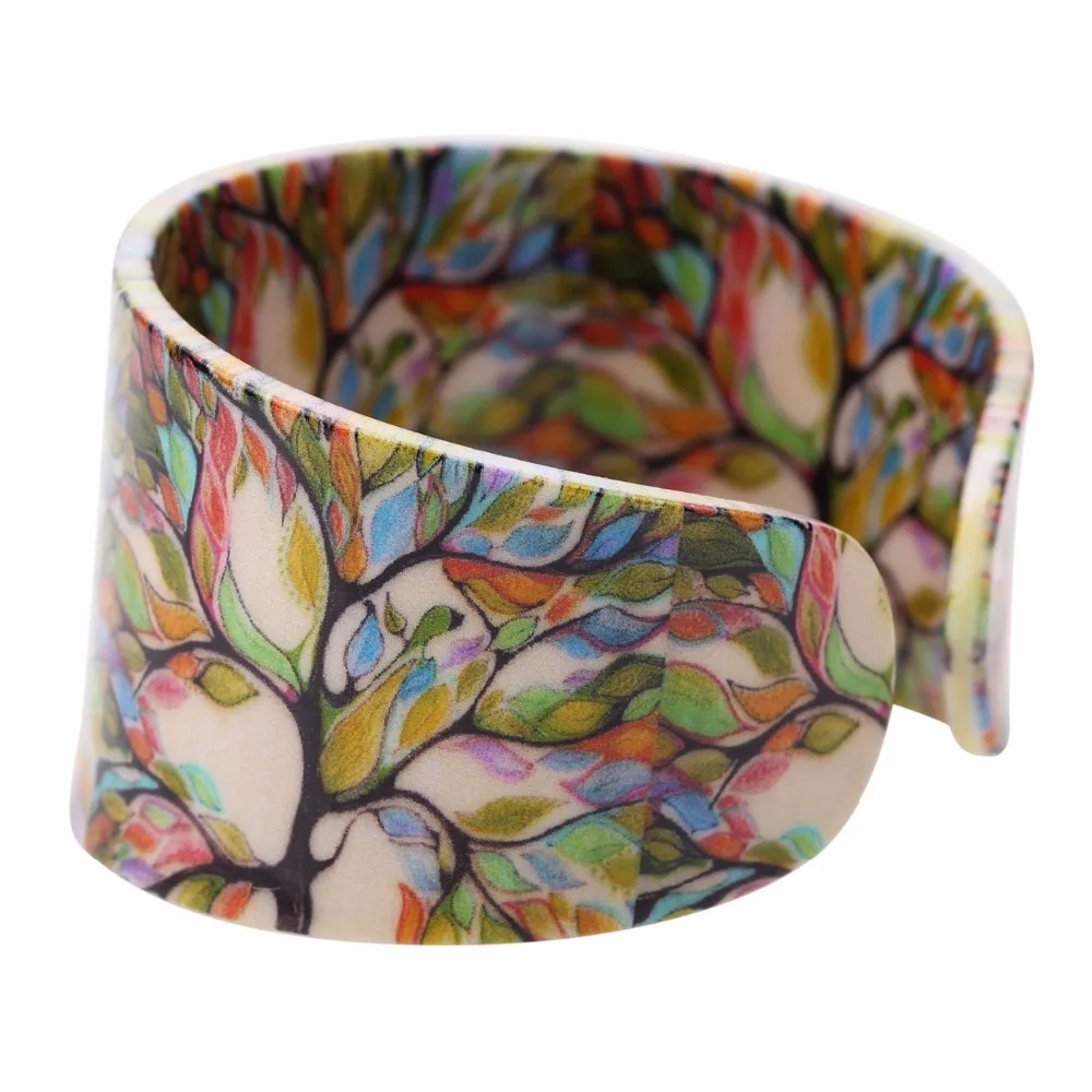 Bonsny Acrylic Colorful Tree Pattern Wide Retro Bracelets Bangles Fashion Jewelry For Women 2017 New Spring Summer Accessories