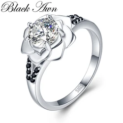 Flower 2024 New Romantic Silver Color fashion jewelry Engagement Black Spinel Engagement Ring for Women Anillos Mujer G073