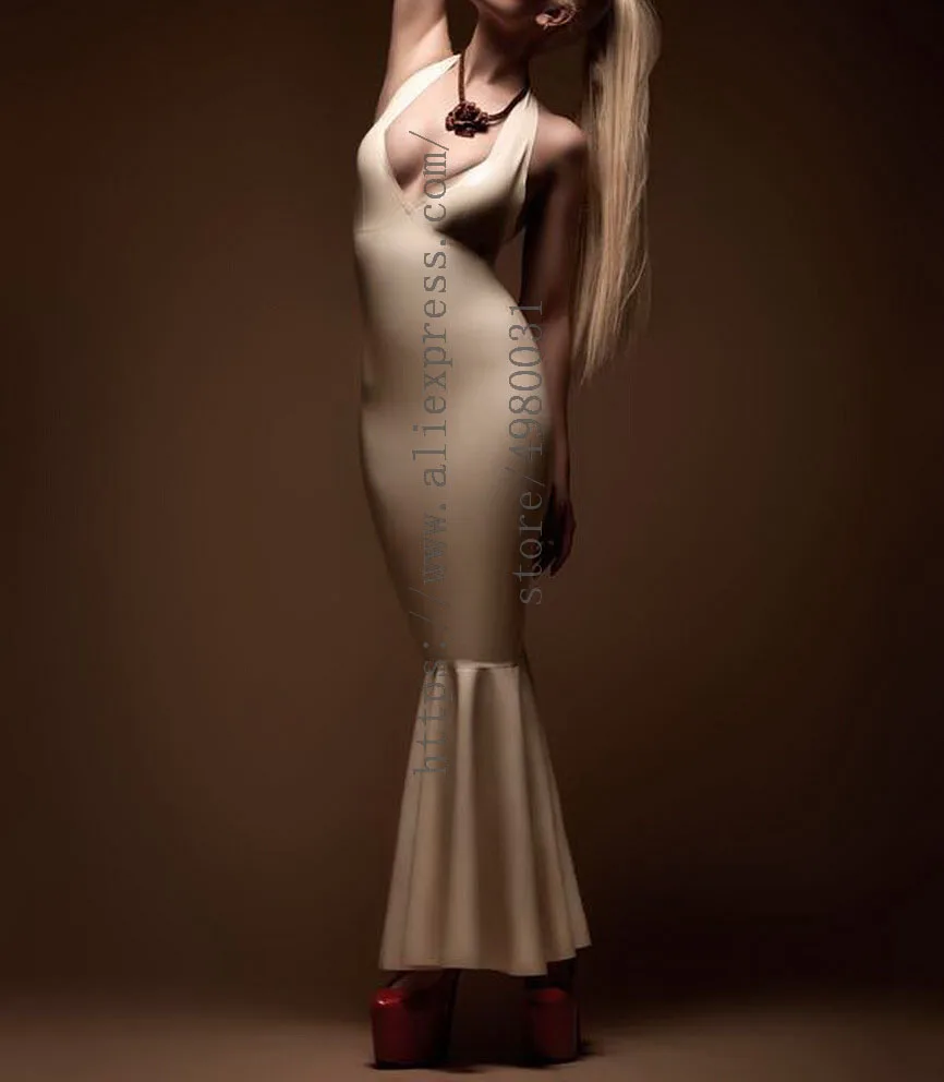 

Sexy women's white sheat evening latex long dress with trumpet design in 100% handmade crafts