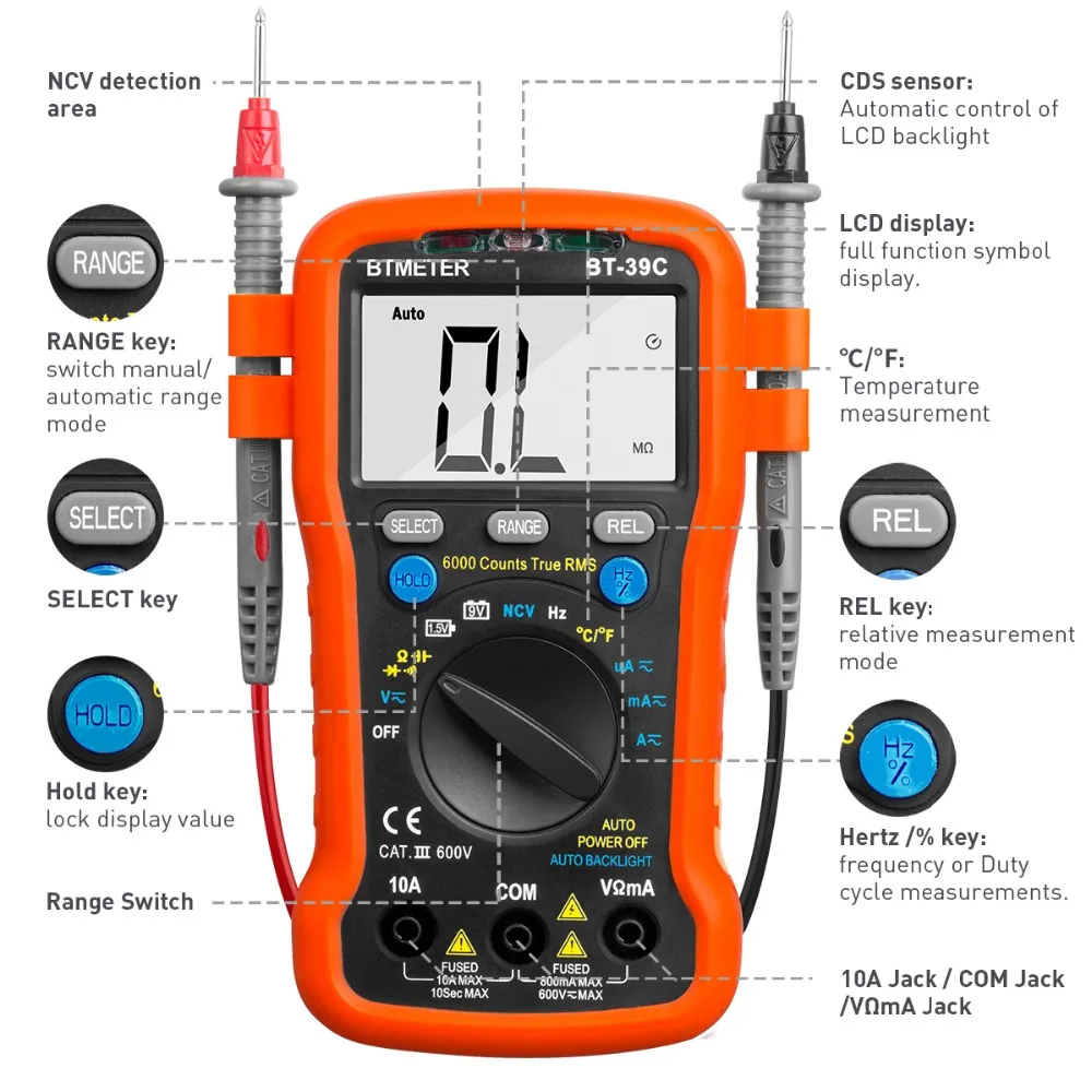 BTMETER BT-39C Digital Multimeter Handheld NCV,Auto Ranging Avometer Universal Meter 6000 Counts True RMS With Continuity Buzzer