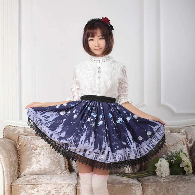 XS-4XL Plus size Cute Starry Sky Skirts Castle Lolita Dark Blue Pleated  Knee Length High Quality Cosplay Korea Style Bottoms