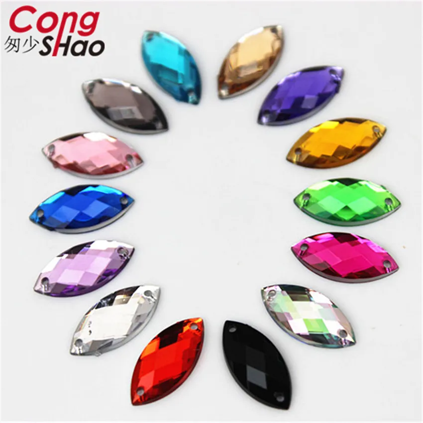 Cong Shao 100pcs 7*15mm Marquise Shape Acrylic Rhinestone Stones And Crystals Gems Flatback Sewing 2 Hole Costume Button WC107