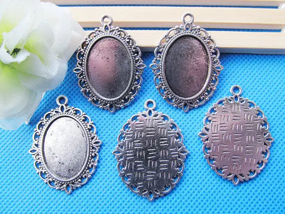 100pcs Antique Silver tone/Antique Bronze/Black Oval Base Setting Tray Bezel Pendant Charm/Finding,fit 18mmx25mm Cabochon/Cameo