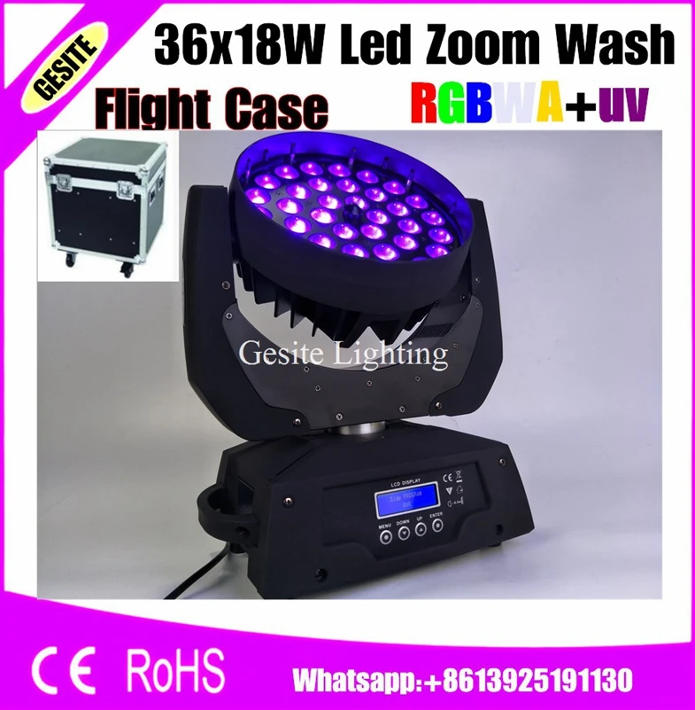 

2pcs/lot flight case package 36X18W Zoom Moving Head lyre Lights rgbwauv 6 in1 / rgbway 6in1 For Stage Professional Dj Equipment