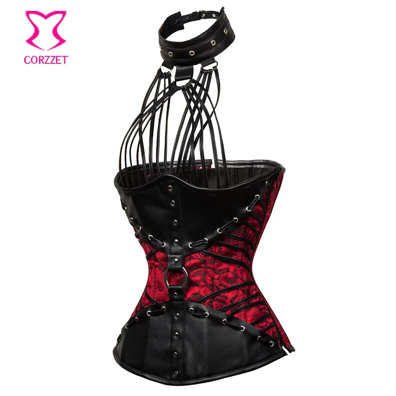 Corzzet Vintage Red Leather Strappy Halter Underbust Corsets And Bustiers Waist Cincher Spiral Steel Boned Steampunk Corset