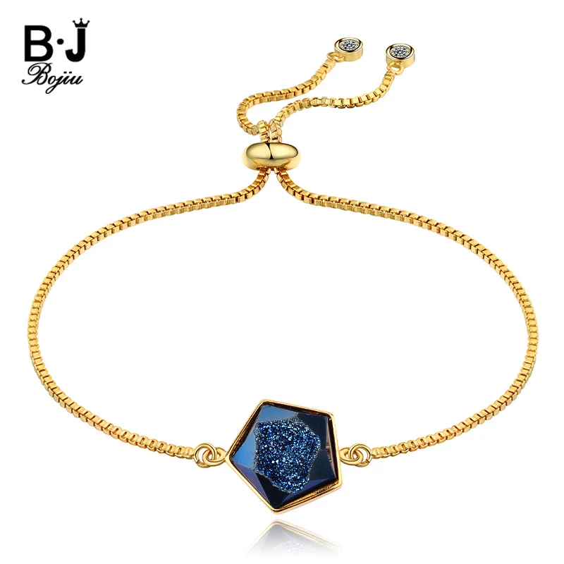 

BOJIU Adjustable Women Crystal Druzy Bracelet Natural Quartz Drusy Stone Gold Copper Box Chain Bracelet Femme Party Gifts BC251