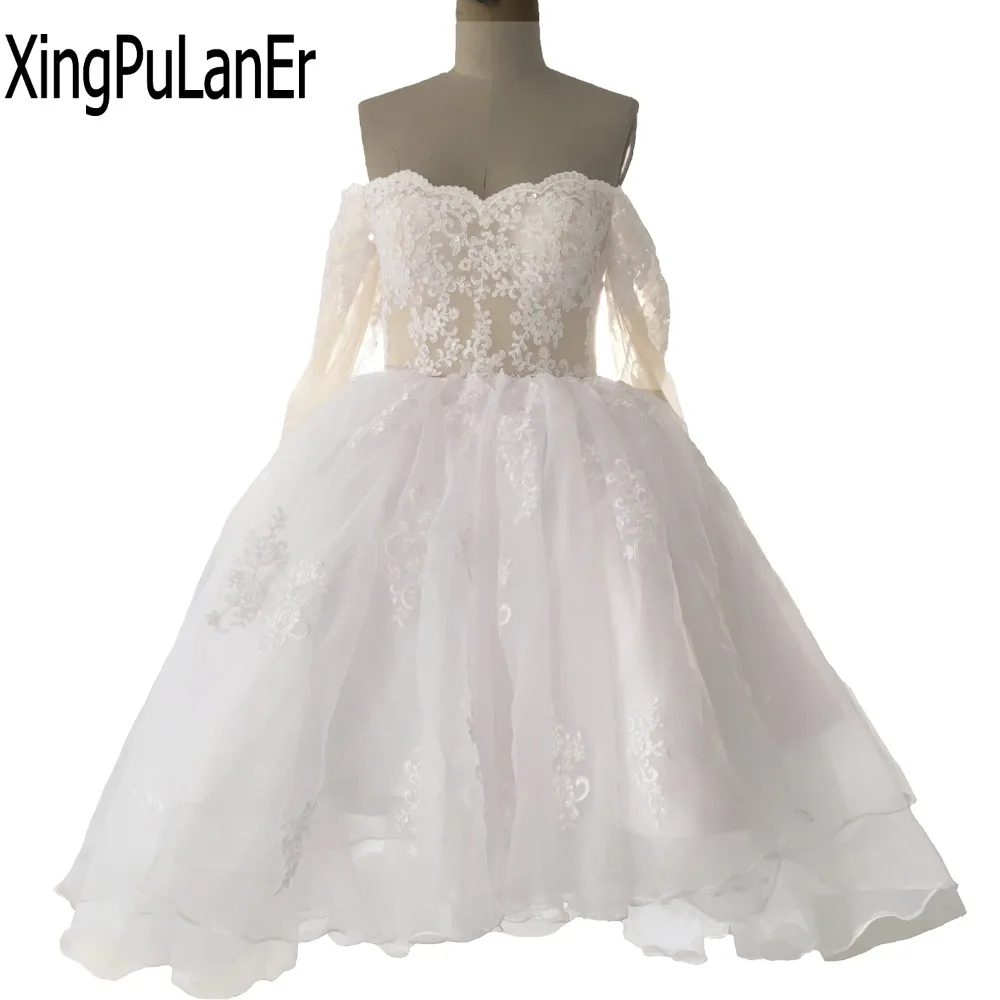 Xingpulaner fora do ombro laço appliqued mini vestido de casamento curto manga longa fora do ombro renda acima vestido de noiva mais tamanho