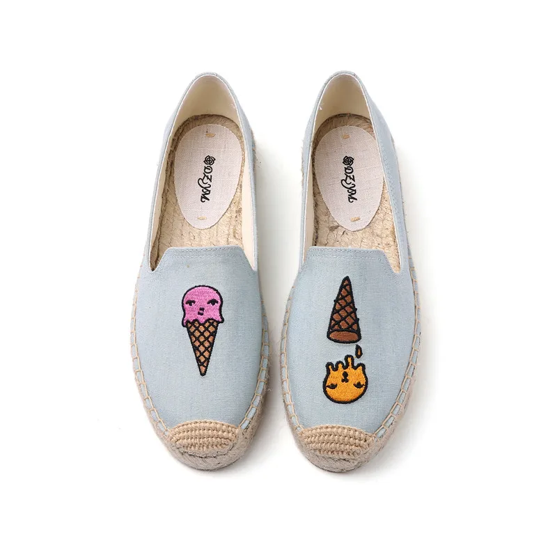 DZYM  Summer Canvas Espadrilles Women Fisherman Shoes Lemon Zapatos Ice Cream Parrot Embroider Linen Loafers Retro Flats