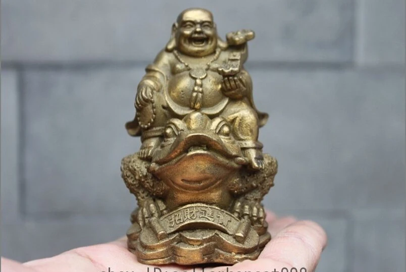 

China Brass Copper Yuan Bao Happy Laugh Maitreya Buddha Ride Toad Statue