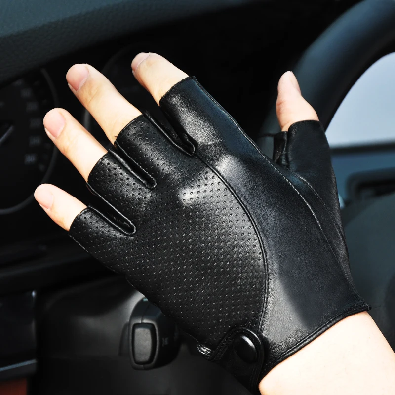 Genuine Leather Semi-Finger Men Gloves Half Finger Sheepskin Fashion Anti-Slip Breathable Driving Leather Gloves Unlined TB04