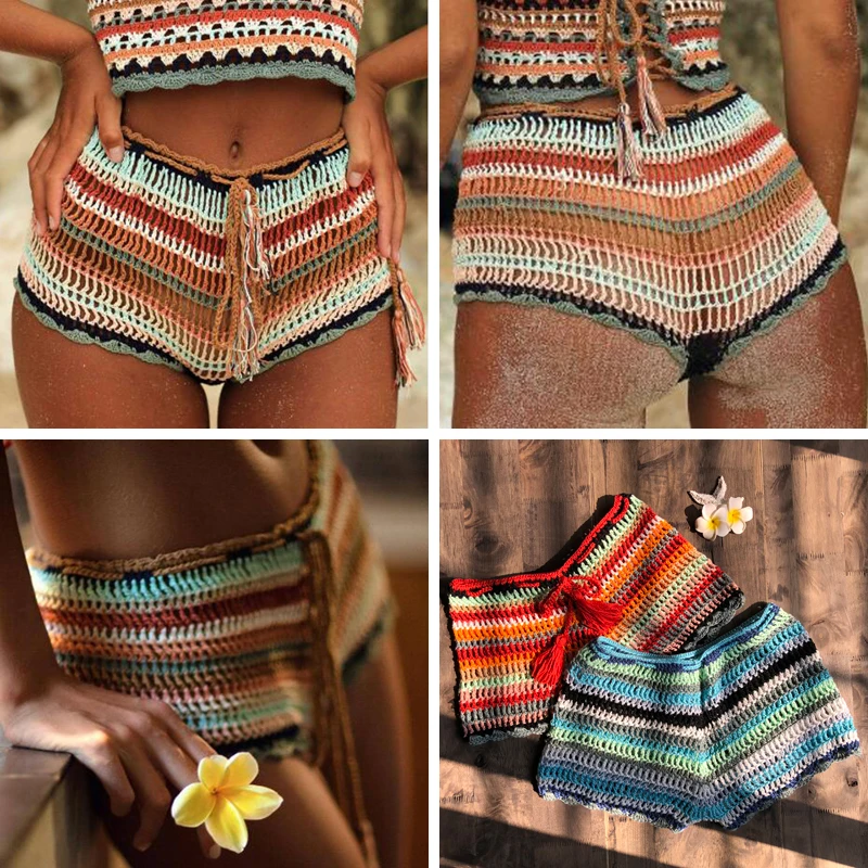 Crochet Stripe Shorts Women Summer Beach Boho 2019 Mid Waist Cotton Shorts Girls Sexy Slim Shorts Femme Bottoms 100% Handmade