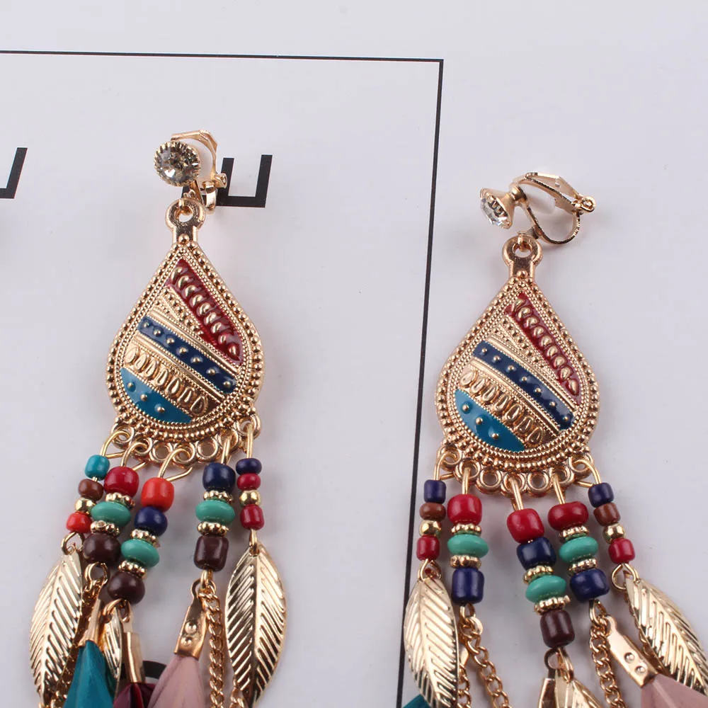 Summer Fashion Jewelry Bohemia Ethnic Vintage Long Feather Clip on Earrings 4 colors Charm Earrings BOHO Beach Holiday Style