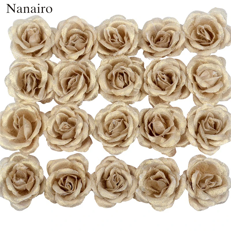 30pcs 4cm Silk Gold Artificial Rose Flower Heads Decorative Flowers for Wedding Home Party Decoration Mini DIY Fake Flower Wall