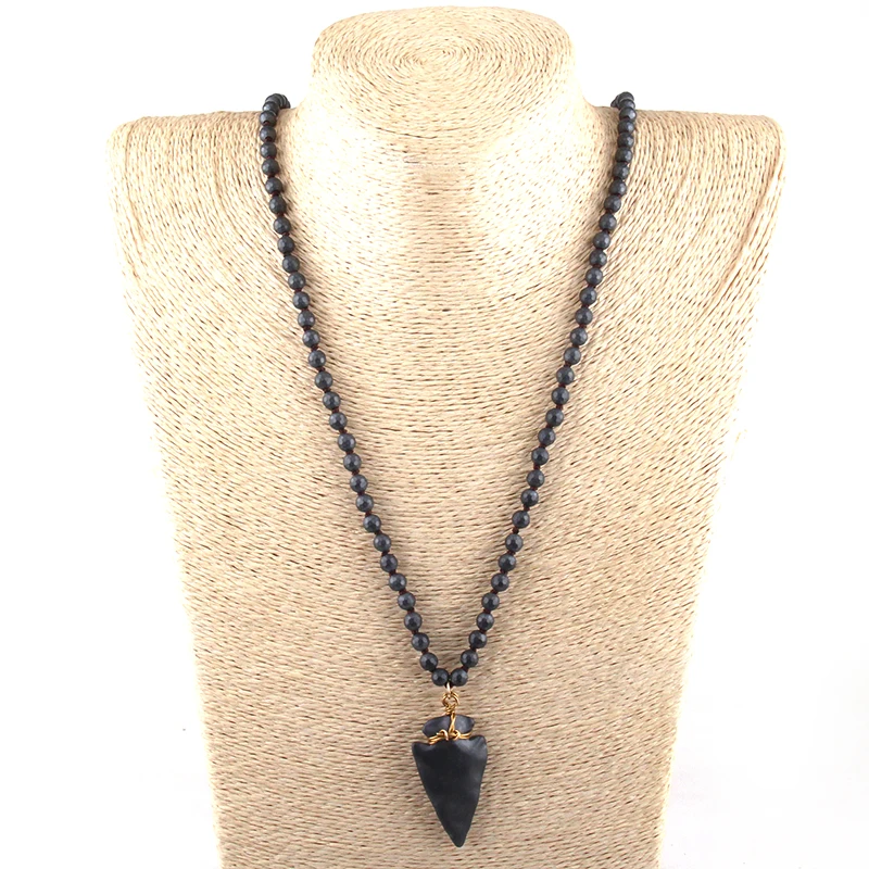 Fashion Jewelry 6mm Faceted Hematite Stone Knotted Hematite Stone Arrowhead Pendant Necklace Women Lariat Necklaces