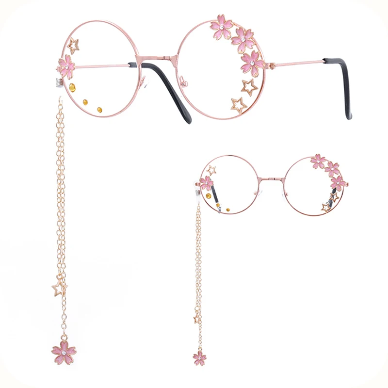 Lolita Japanese Cherry Flower Cut Star Pendentif Lunettes, Soft Sister Cos, Harajuku Move, Joker Girl, Lunettes décoratives Coeur