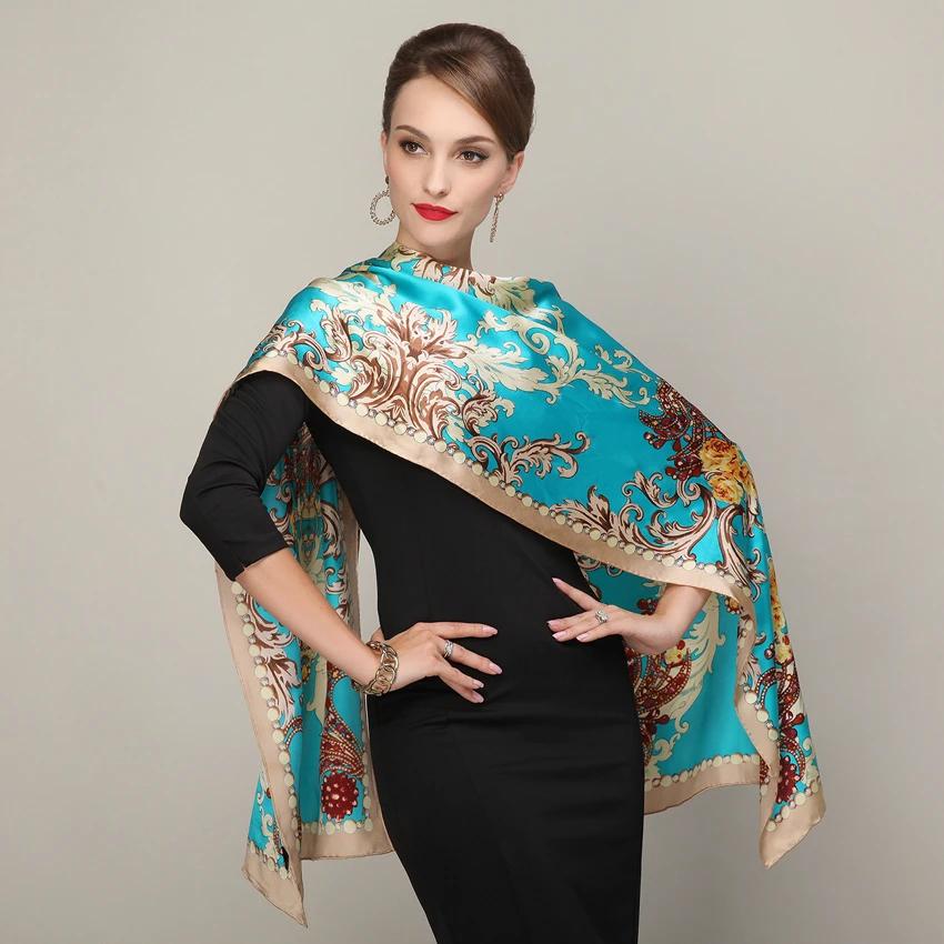 Cachecois Women Blue Silk Scarf Bronzing Printing Autumn And Winter Hot Sale Ladies Pure Silk Long Scarf Foulard All-Match Blue