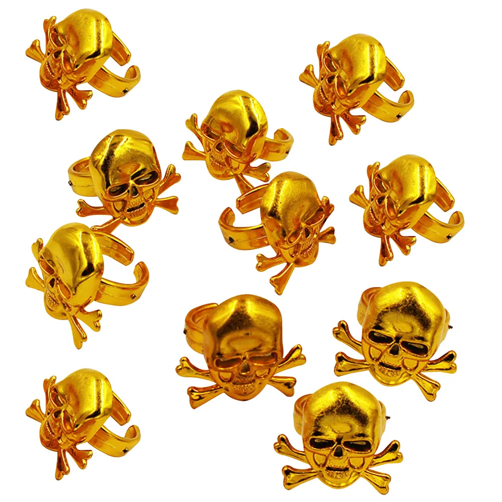 12 Pcs Pirate Rings Kids Pirate Decorative Rings Skull Golden Rings Halloween Party Kids Performance Props (Golden)