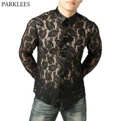 Mens Nightclub Style Lace Leaves Shirt Men Slim Fit Long Sleeve Button Down Dress Shirts Sexy Mesh See Through Shirt Male Camisa