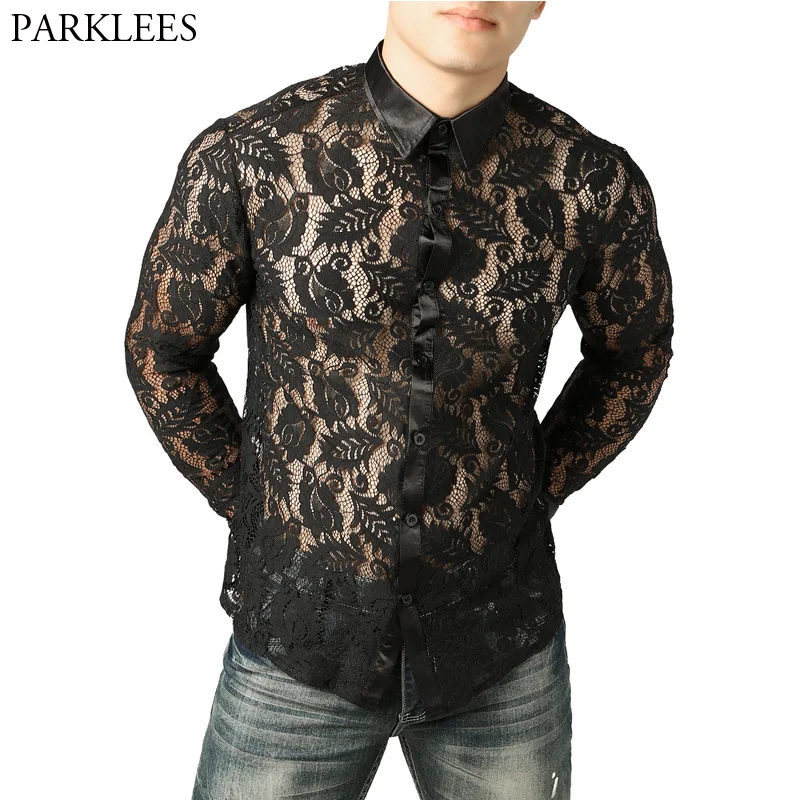 Mens Nightclub Style Lace Leaves Shirt Men Slim Fit Long Sleeve Button Down Dress Shirts Sexy Mesh See Through Shirt Male Camisa